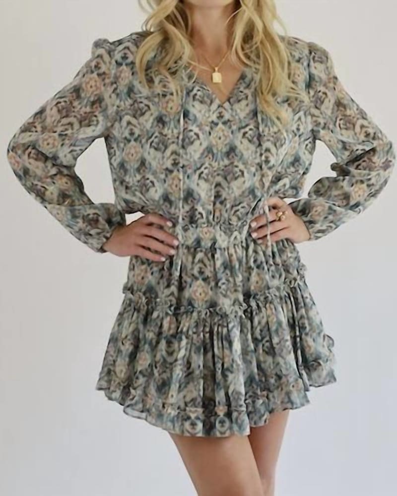Front of a model wearing a size L Freya Mini Dress In Aguarelle in Aguarelle by Sincerely Ours. | dia_product_style_image_id:342408